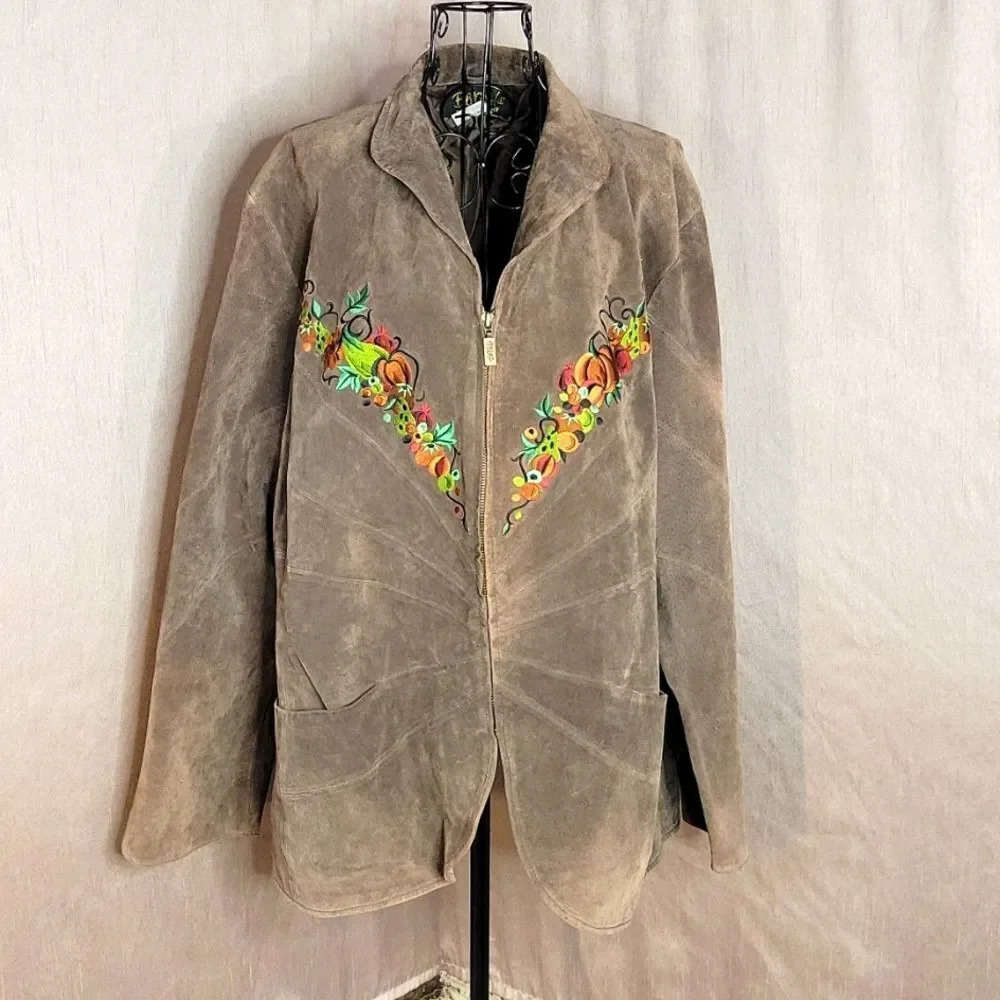 BOB MACKIE Wearable Art Brown Suede Leather Fall Embroidered Jacket Size 2X